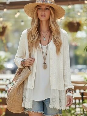 Origami L/XL Cream Lace-Hem Button Cardigan Sweater
